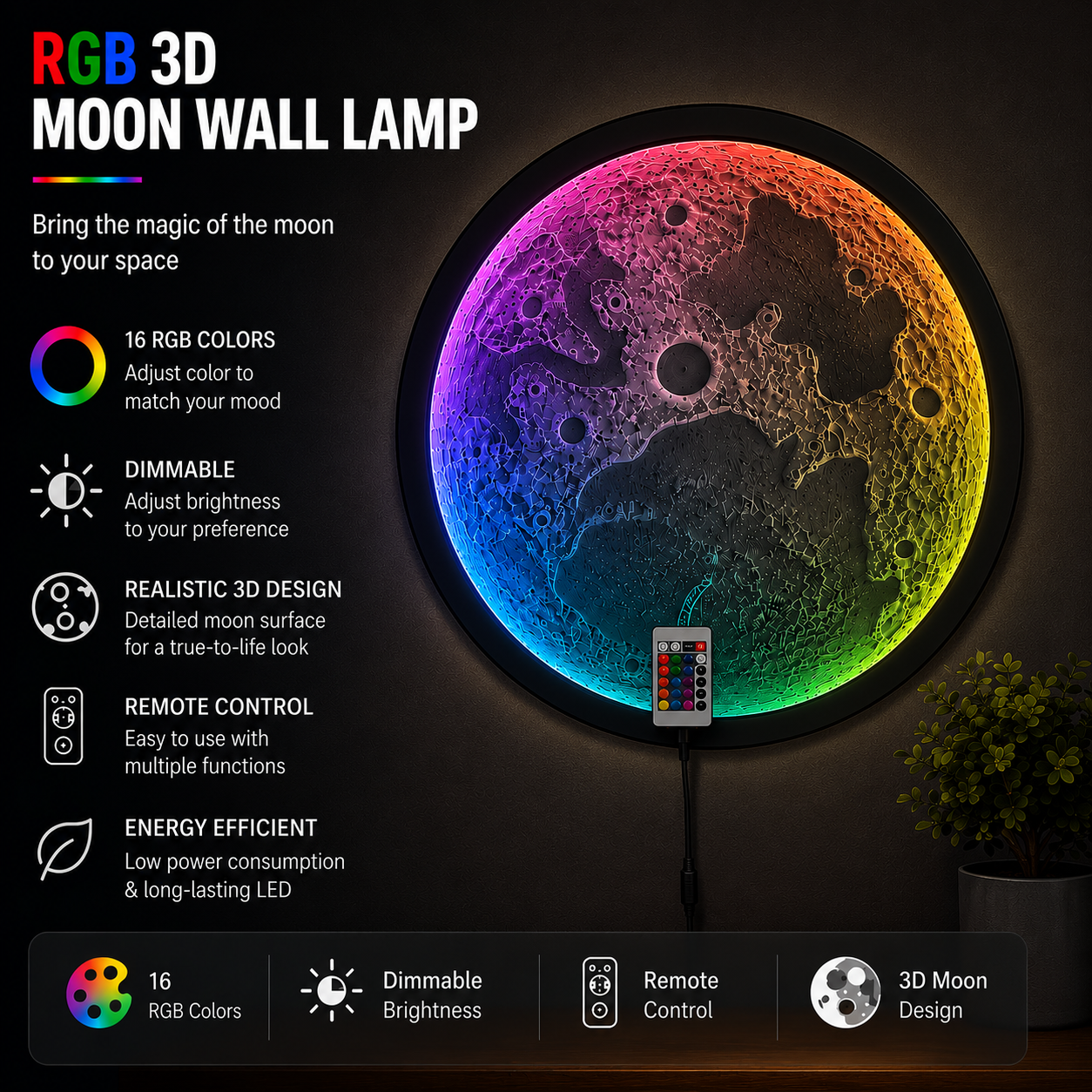 RGB 3D Moon Wall Lamp