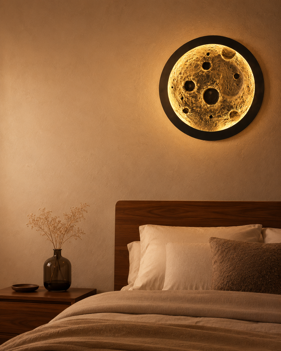 Decorative wall light shaped like the moon above a bed in a bedroom.